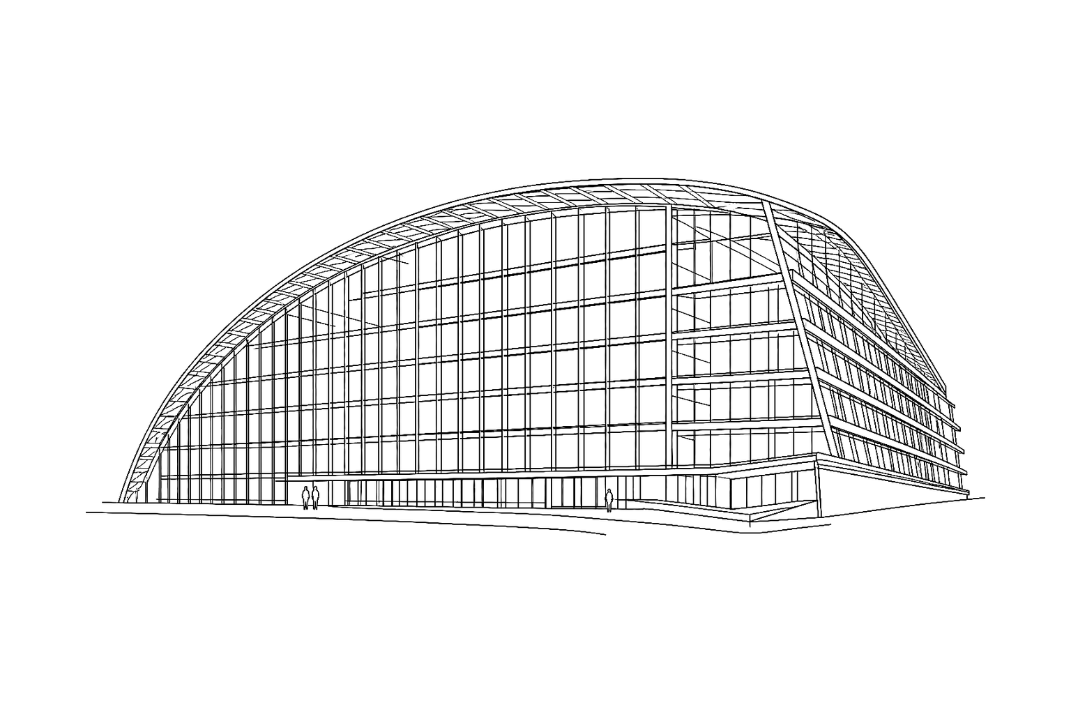Architectural line drawing of the European Investment Bank headquarters in Luxembourg